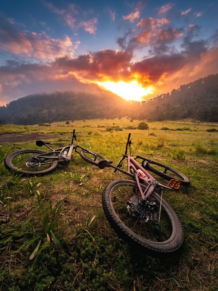 Dos bicis tiradas en el pasto al final del día, con el sol metiéndose atrás del bosque