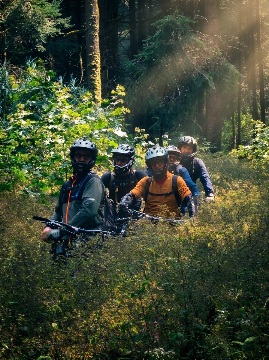 El grupo entre los pinos, con la luz de la mañana entrando por el bosque