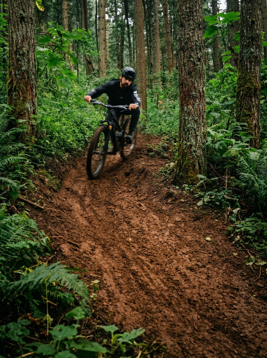 Un rider bajando el singletrack entre los pinos, con la tierra suelta abriéndose bajo la llanta
