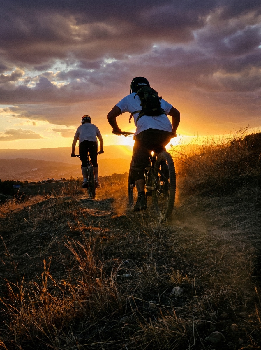 Dos riders subiendo hacia el sol, con el valle y la ciudad abajo