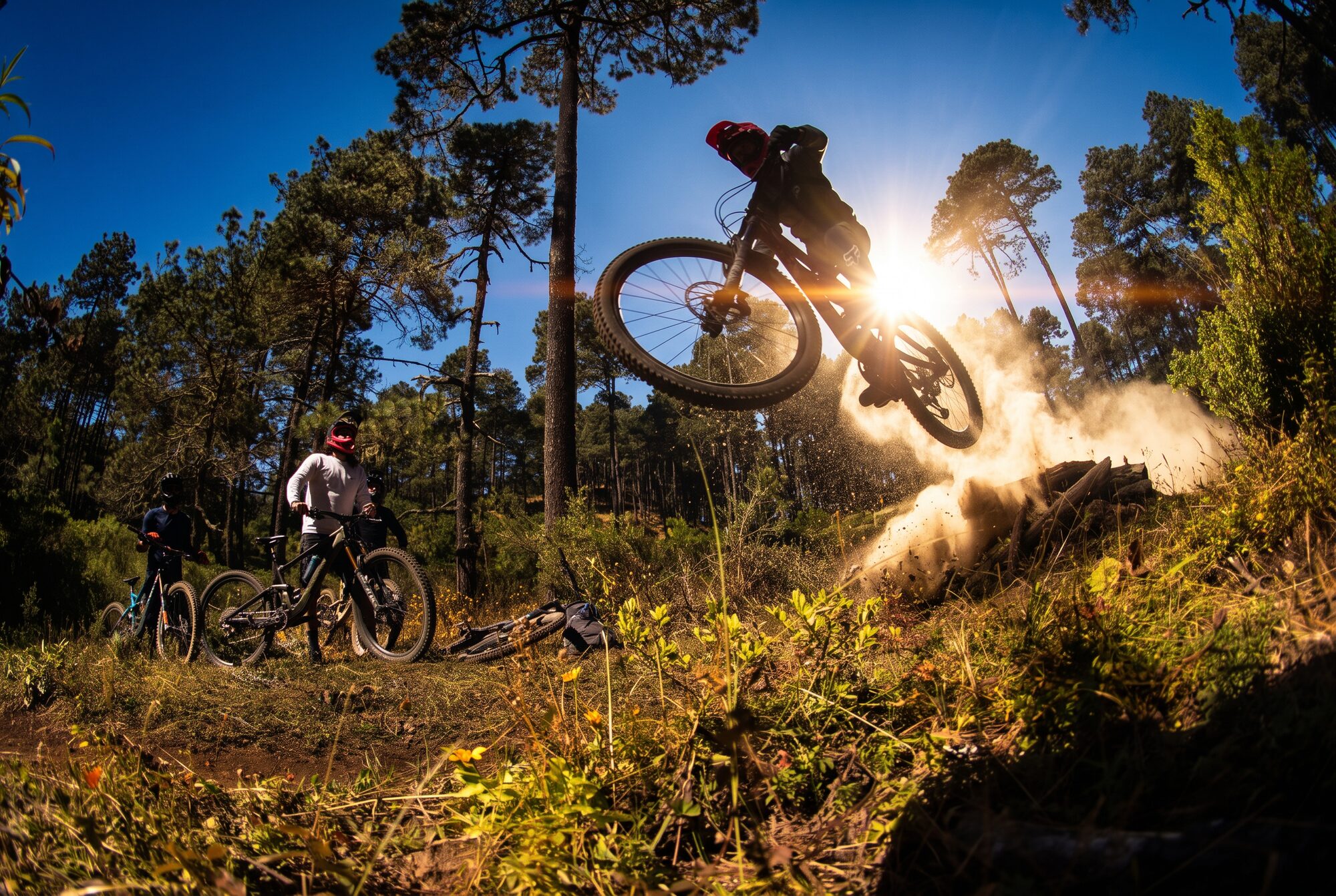 Un rider en el aire sobre el lip, con el polvo estallando detrás y el sol atrás del hombro