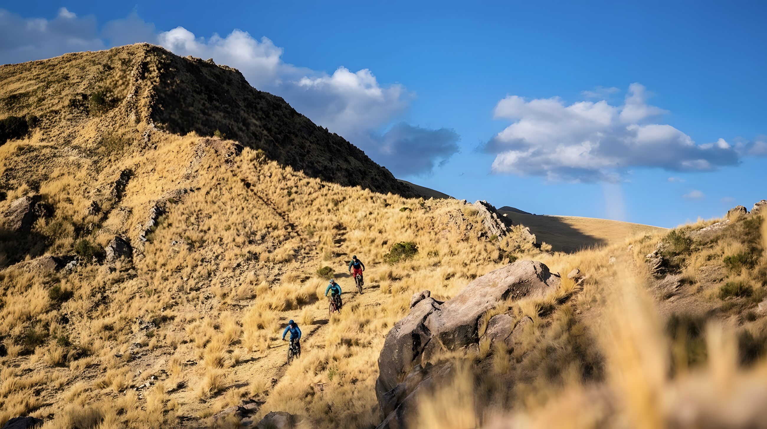 Tres riders subiendo por la cresta abierta del Valle Sagrado