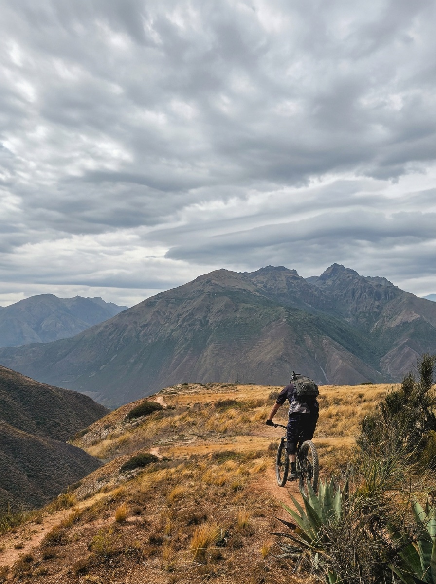 Un rider por el filo del cerro, con la cordillera y el cielo cargado de fondo